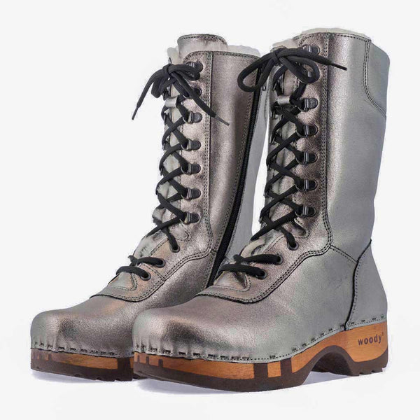 [Titan] Rosanna Damen Clog Stiefel. winter stiefel, winterclogs, winterclog. damenstiefel clogs leder. damen stiefel leder gefüttert bestellen, winterclogs, stiefel mit holzschuhe, holzclogs stiefeln kaufen. farbe: titan