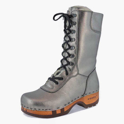 [Titan] Rosanna Damen Clog Stiefel. winter stiefel, winterclogs, winterclog. damenstiefel clogs leder. damen stiefel leder gefüttert bestellen, winterclogs, stiefel mit holzschuhe, holzclogs stiefeln kaufen. farbe: titan