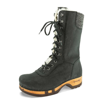 [Nero] Rosanna Damen Clog Stiefel, winter stiefel, winterclogs, winterclog. damenstiefel clogs leder. damen stiefel leder gefüttert bestellen, winterclogs, stiefel mit holzschuhe, holzclogs stiefeln kaufen. farbe: nero (schwarz)