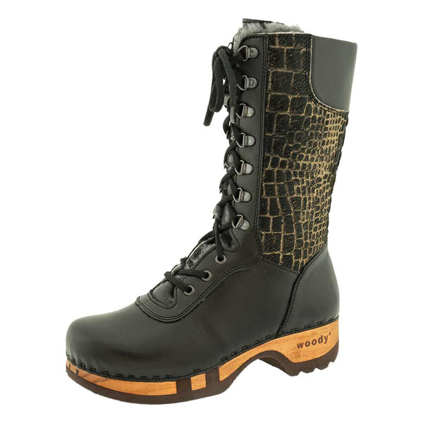 [Schwarz-Cocco Gold] Rosanna Fell Damen Clog Stiefel, farbe: schwarz-cocco gold, fellstiefel. stiefel, winterclog, winterclogs. damenstiefel clogs. damen fellschuhe bestellen, fellclogs, weisse fellstiefel mit holzschuhe, holzclogs fell weiss kaufen.