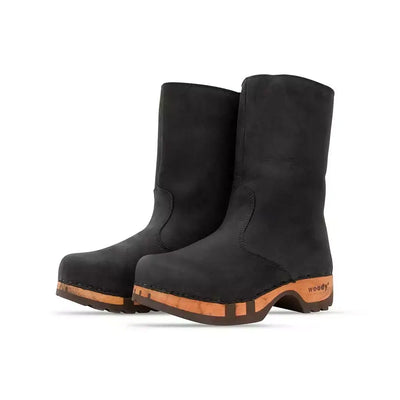 [Nero] Rose Damen Clog Fell Schlupfstiefel mit biegsamer nachhaltiger holzsohle, holzclogs woody, woody schuhe, woody shoes, handgemachte holzschuhe aus österreich, kärnten, farbe: nero