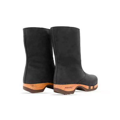 [Nero] Rose Damen Clog Fell Schlupfstiefel mit biegsamer nachhaltiger holzsohle, holzclogs woody, woody schuhe, woody shoes, handgemachte holzschuhe aus österreich, kärnten, farbe: nero