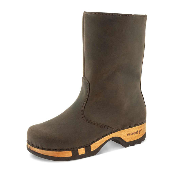[Caffe] Rose Damen Clog Fell Schlupfstiefel mit biegsamer nachhaltiger holzsohle, holzclogs woody, woody schuhe, woody shoes, handgemachte holzschuhe aus österreich, kärnten, farbe: caffe