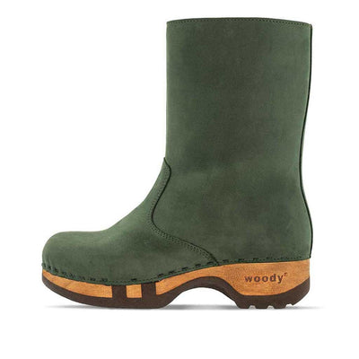 [Forest] Rose Damen Clog Fell Schlupfstiefel mit biegsamer nachhaltiger holzsohle, holzclogs woody, woody schuhe, woody shoes, handgemachte holzschuhe aus österreich, kärnten, farbe: forest (waldgruen)