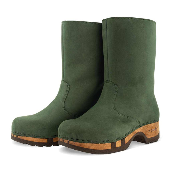[Forest] Rose Damen Clog Fell Schlupfstiefel mit biegsamer nachhaltiger holzsohle, holzclogs woody, woody schuhe, woody shoes, handgemachte holzschuhe aus österreich, kärnten, farbe: forest (waldgruen)