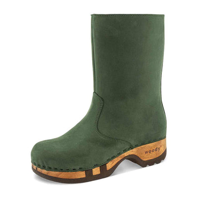 [Forest] Rose Damen Clog Fell Schlupfstiefel mit biegsamer nachhaltiger holzsohle, holzclogs woody, woody schuhe, woody shoes, handgemachte holzschuhe aus österreich, kärnten, farbe: forest (waldgruen)