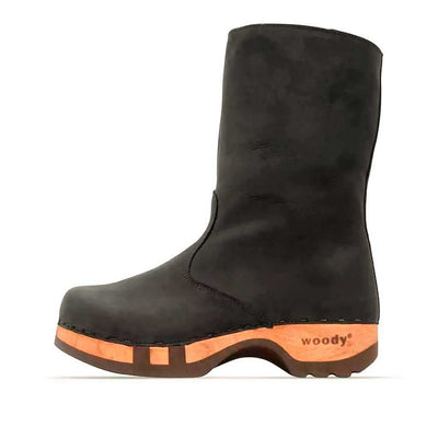 [Nero] Rose Damen Clog Fell Schlupfstiefel mit biegsamer nachhaltiger holzsohle, holzclogs woody, woody schuhe, woody shoes, handgemachte holzschuhe aus österreich, kärnten, farbe: nero