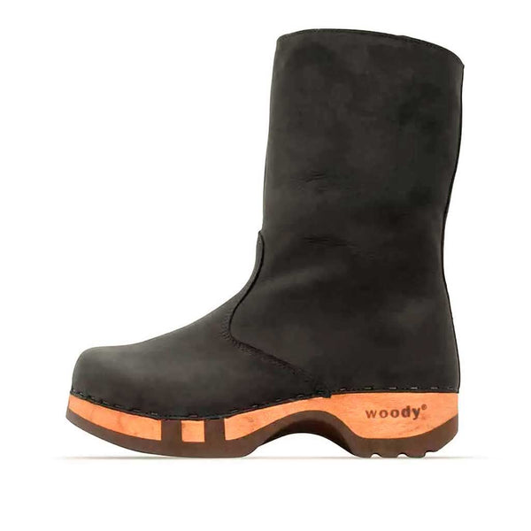 [Nero] Rose Damen Clog Fell Schlupfstiefel mit biegsamer nachhaltiger holzsohle, holzclogs woody, woody schuhe, woody shoes, handgemachte holzschuhe aus österreich, kärnten, farbe: nero