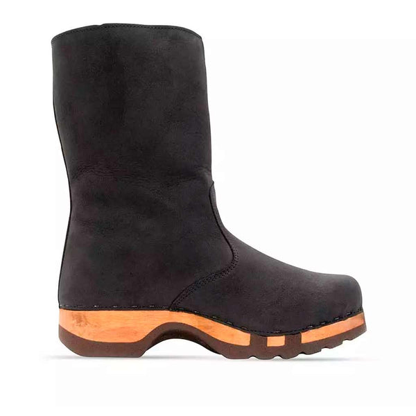 [Nero] Rose Damen Clog Fell Schlupfstiefel mit biegsamer nachhaltiger holzsohle, holzclogs woody, woody schuhe, woody shoes, handgemachte holzschuhe aus österreich, kärnten, farbe: nero