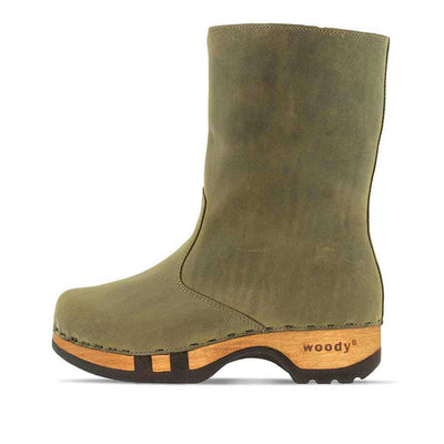 [Olivia] Rose Damen Clog Fell Schlupfstiefel mit biegsamer nachhaltiger holzsohle, holzclogs woody, woody schuhe, woody shoes, handgemachte holzschuhe aus österreich, kärnten, farbe: olivia (olivgruen)