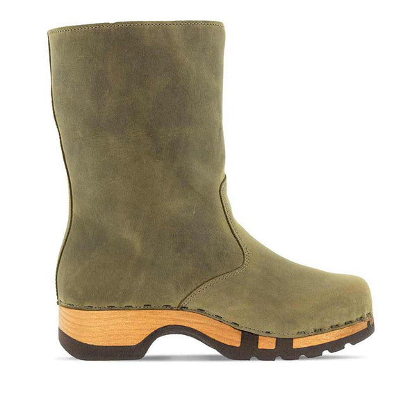 [Olivia] Rose Damen Clog Fell Schlupfstiefel mit biegsamer nachhaltiger holzsohle, holzclogs woody, woody schuhe, woody shoes, handgemachte holzschuhe aus österreich, kärnten, farbe: olivia (olivgruen)