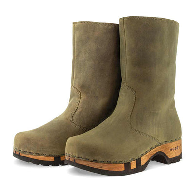 [Olivia] Rose Damen Clog Fell Schlupfstiefel mit biegsamer nachhaltiger holzsohle, holzclogs woody, woody schuhe, woody shoes, handgemachte holzschuhe aus österreich, kärnten, farbe: olivia (olivgruen)