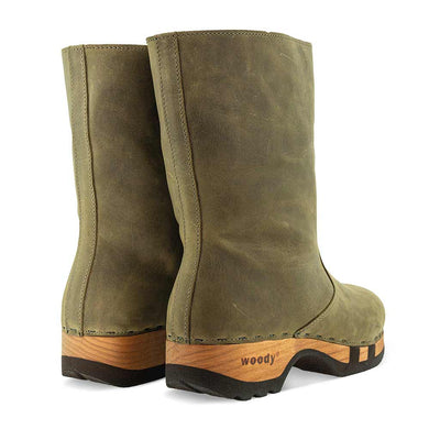 [Olivia] Rose Damen Clog Fell Schlupfstiefel mit biegsamer nachhaltiger holzsohle, holzclogs woody, woody schuhe, woody shoes, handgemachte holzschuhe aus österreich, kärnten, farbe: olivia (olivgruen)