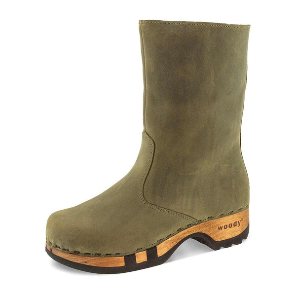 [Olivia] Rose Damen Clog Fell Schlupfstiefel mit biegsamer nachhaltiger holzsohle, holzclogs woody, woody schuhe, woody shoes, handgemachte holzschuhe aus österreich, kärnten, farbe: olivia (olivgruen)