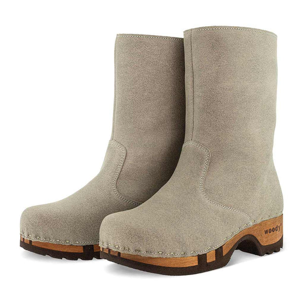 [Sabbia] Rose Damen Clog Fell Schlupfstiefel mit biegsamer nachhaltiger holzsohle, holzclogs woody, woody schuhe, woody shoes, handgemachte holzschuhe aus österreich, kärnten, farbe: sabbia (sand)