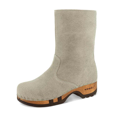 [Sabbia] Rose Damen Clog Fell Schlupfstiefel mit biegsamer nachhaltiger holzsohle, holzclogs woody, woody schuhe, woody shoes, handgemachte holzschuhe aus österreich, kärnten, farbe: sabbia (sand)