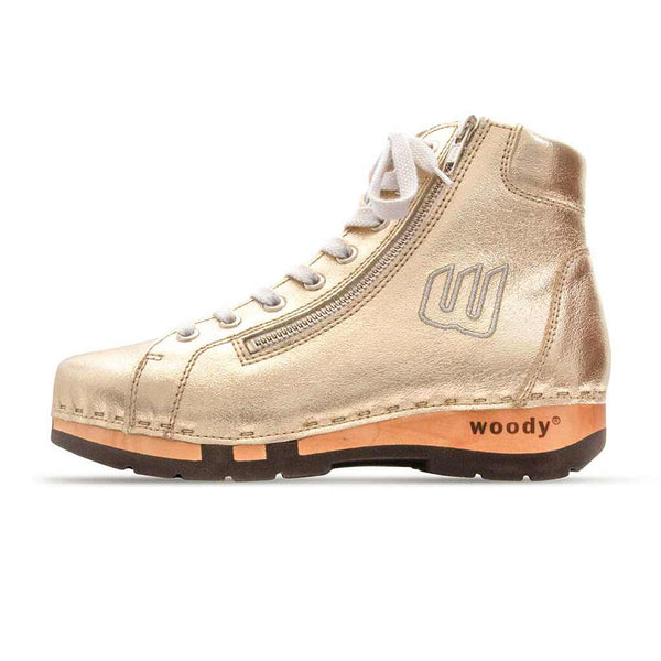 [Gold] Roxy Damen Clog Sneaker mit hohem schaft und biegsamer nachhaltiger holzsohle, farbe: gold (glattleder), holzclogs woody, woody schuhe, woody shoes, handgemachte holzschuhe aus österreich, kärnten