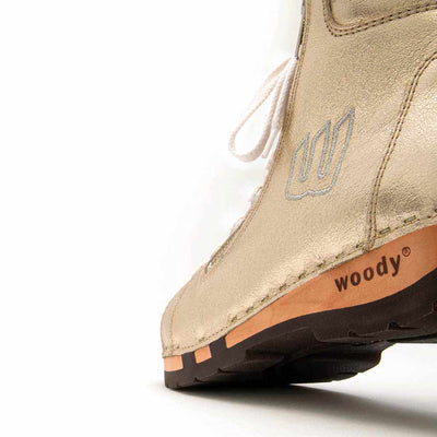 [Gold] Roxy Damen Clog Sneaker mit hohem schaft und biegsamer nachhaltiger holzsohle, farbe: gold (glattleder), holzclogs woody, woody schuhe, woody shoes, handgemachte holzschuhe aus österreich, kärnten