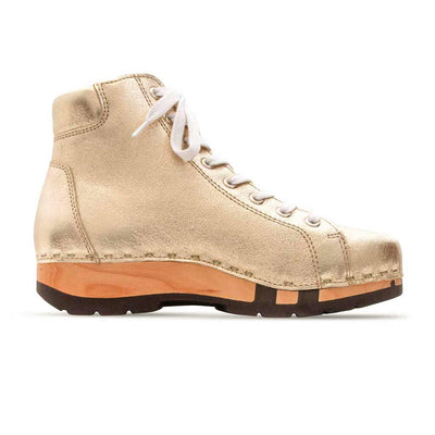 [Gold] Roxy Damen Clog Sneaker mit hohem schaft und biegsamer nachhaltiger holzsohle, farbe: gold (glattleder), holzclogs woody, woody schuhe, woody shoes, handgemachte holzschuhe aus österreich, kärnten