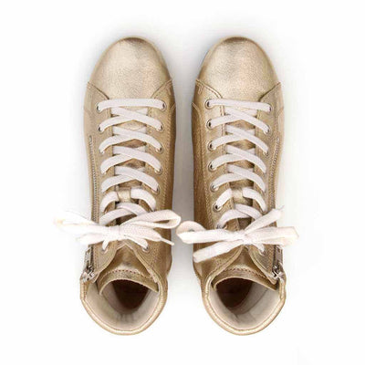 [Gold] Roxy Damen Clog Sneaker mit hohem schaft und biegsamer nachhaltiger holzsohle, farbe: gold (glattleder), holzclogs woody, woody schuhe, woody shoes, handgemachte holzschuhe aus österreich, kärnten