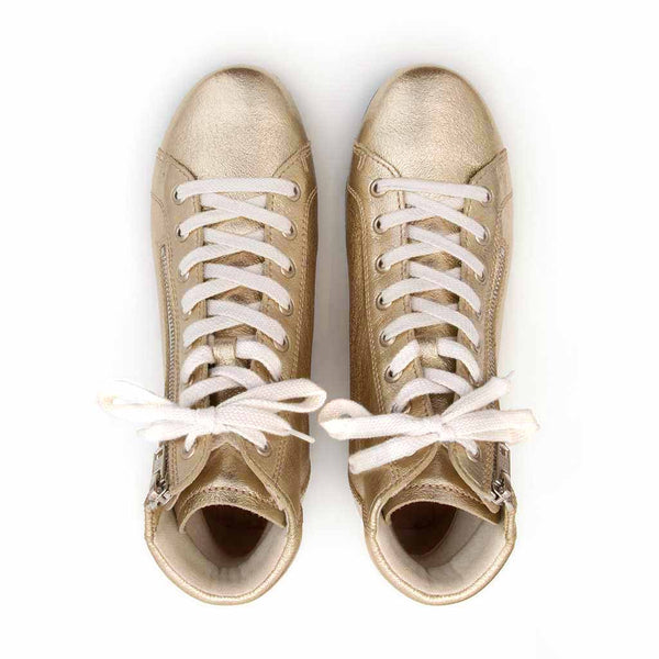 [Gold] Roxy Damen Clog Sneaker mit hohem schaft und biegsamer nachhaltiger holzsohle, farbe: gold (glattleder), holzclogs woody, woody schuhe, woody shoes, handgemachte holzschuhe aus österreich, kärnten
