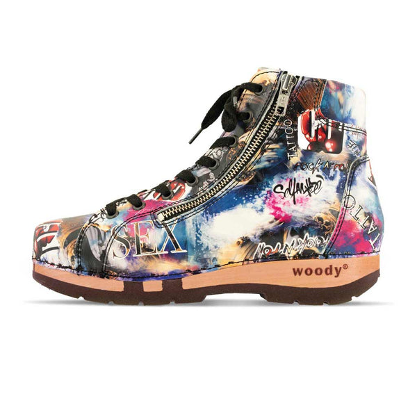[Sex & Rock'n'Roll] Roxy Damen Clog Sneaker Argentino von woody Schuhe. Clogs Damen roxy, clog sneakers für damen mit hohem schaft und biegsamer nachhaltiger holzsohle, farbe: sex & rock'n'roll (multicolor-print), holzclogs woody, woody schuhe, woody shoes, handgemachte holzschuhe aus österreich, kärnten