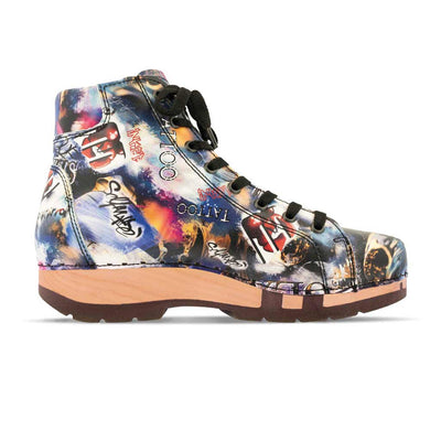 [Sex & Rock'n'Roll] Roxy Damen Clog Sneaker Argentino von woody Schuhe. Clogs Damen roxy, clog sneakers für damen mit hohem schaft und biegsamer nachhaltiger holzsohle, farbe: sex & rock'n'roll (multicolor-print), holzclogs woody, woody schuhe, woody shoes, handgemachte holzschuhe aus österreich, kärnten