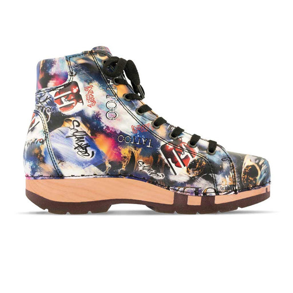 [Sex & Rock'n'Roll] Roxy Damen Clog Sneaker Argentino von woody Schuhe. Clogs Damen roxy, clog sneakers für damen mit hohem schaft und biegsamer nachhaltiger holzsohle, farbe: sex & rock'n'roll (multicolor-print), holzclogs woody, woody schuhe, woody shoes, handgemachte holzschuhe aus österreich, kärnten