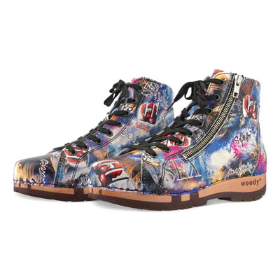 [Sex & Rock'n'Roll] Roxy Damen Clog Sneaker Argentino von woody Schuhe. Clogs Damen roxy, clog sneakers für damen mit hohem schaft und biegsamer nachhaltiger holzsohle, farbe: sex & rock'n'roll (multicolor-print), holzclogs woody, woody schuhe, woody shoes, handgemachte holzschuhe aus österreich, kärnten