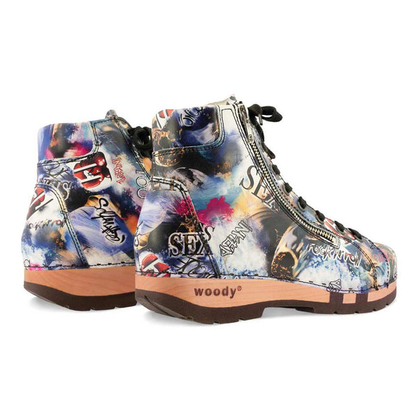 [Sex & Rock'n'Roll] Roxy Damen Clog Sneaker Argentino von woody Schuhe. Clogs Damen roxy, clog sneakers für damen mit hohem schaft und biegsamer nachhaltiger holzsohle, farbe: sex & rock'n'roll (multicolor-print), holzclogs woody, woody schuhe, woody shoes, handgemachte holzschuhe aus österreich, kärnten