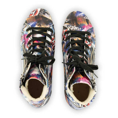 [Sex & Rock'n'Roll] Roxy Damen Clog Sneaker Argentino von woody Schuhe. Clogs Damen roxy, clog sneakers für damen mit hohem schaft und biegsamer nachhaltiger holzsohle, farbe: sex & rock'n'roll (multicolor-print), holzclogs woody, woody schuhe, woody shoes, handgemachte holzschuhe aus österreich, kärnten