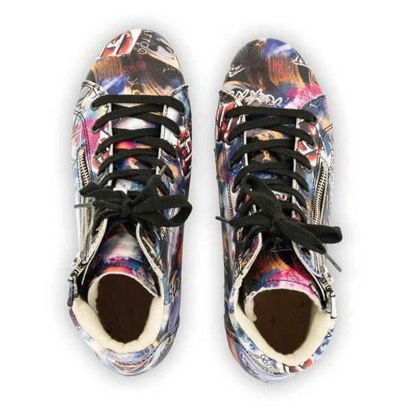 [Sex & Rock'n'Roll] Roxy Damen Clog Sneaker Argentino von woody Schuhe. Clogs Damen roxy, clog sneakers für damen mit hohem schaft und biegsamer nachhaltiger holzsohle, farbe: sex & rock'n'roll (multicolor-print), holzclogs woody, woody schuhe, woody shoes, handgemachte holzschuhe aus österreich, kärnten