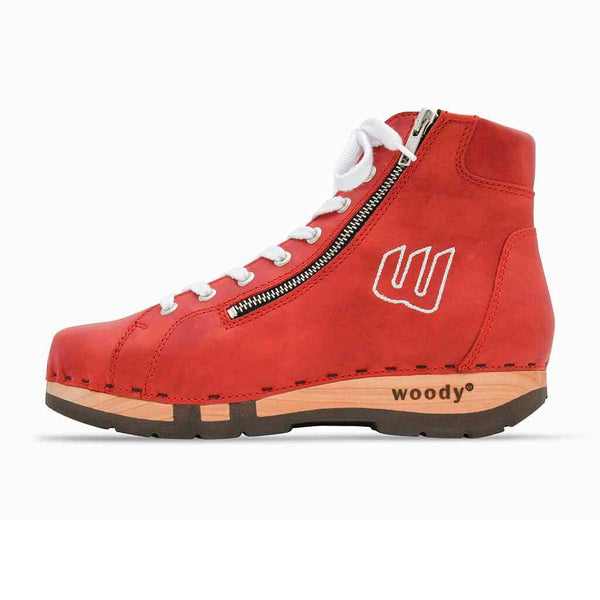 [Rosso] Roxy Damen Clog Sneaker mit hohem schaft und biegsamer nachhaltiger holzsohle, farbe: rosso (rot), holzclogs woody, woody schuhe, woody shoes, handgemachte holzschuhe aus österreich, kärnten