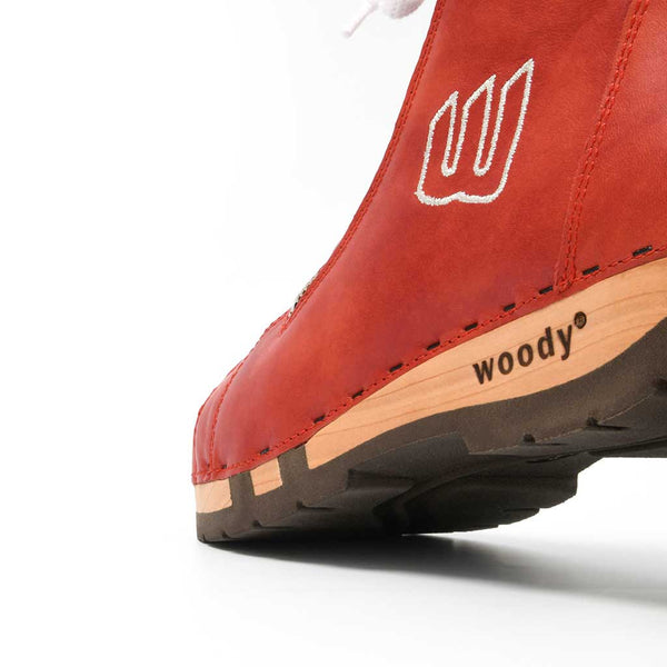 [Rosso] Roxy Damen Clog Sneaker mit hohem schaft und biegsamer nachhaltiger holzsohle, farbe: rosso (rot), holzclogs woody, woody schuhe, woody shoes, handgemachte holzschuhe aus österreich, kärnten