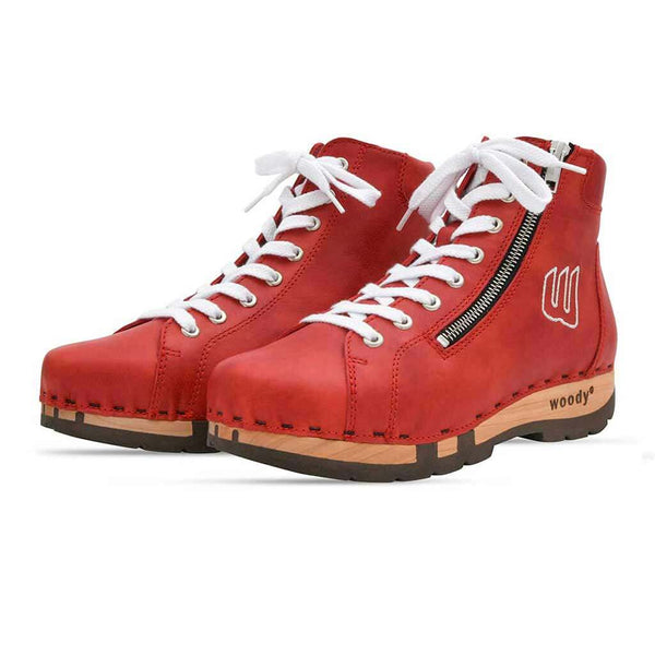 [Rosso] Roxy Damen Clog Sneaker mit hohem schaft und biegsamer nachhaltiger holzsohle, farbe: rosso (rot), holzclogs woody, woody schuhe, woody shoes, handgemachte holzschuhe aus österreich, kärnten