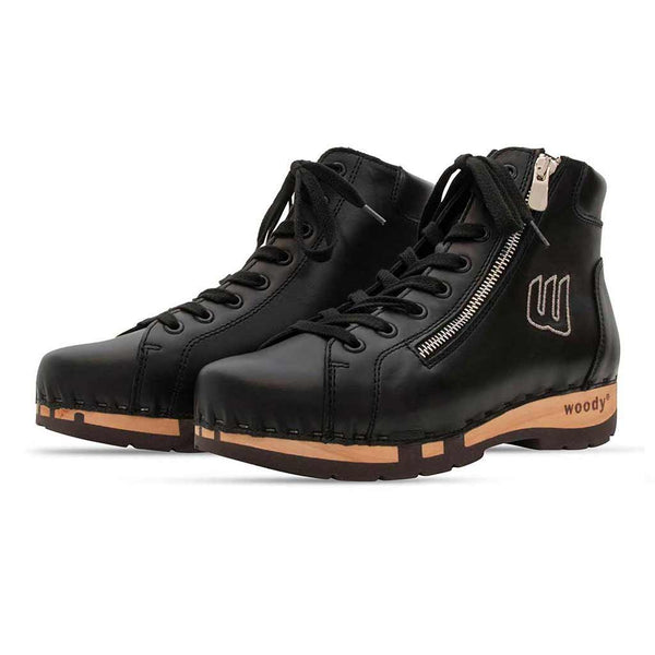 [Schwarz] Roxy Damen Clog Sneaker mit hohem schaft und biegsamer nachhaltiger holzsohle, farbe: schwarz (glattleder), holzclogs woody, woody schuhe, woody shoes, handgemachte holzschuhe aus österreich, kärnten