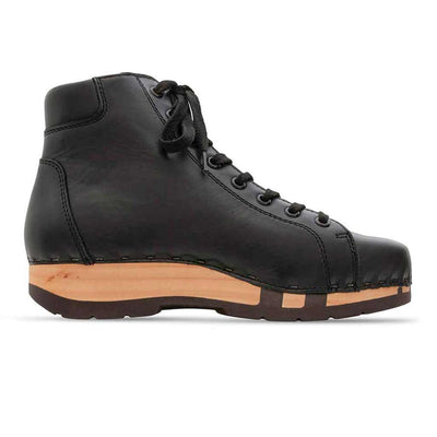 [Schwarz] Roxy Damen Clog Sneaker mit hohem schaft und biegsamer nachhaltiger holzsohle, farbe: schwarz (glattleder), holzclogs woody, woody schuhe, woody shoes, handgemachte holzschuhe aus österreich, kärnten