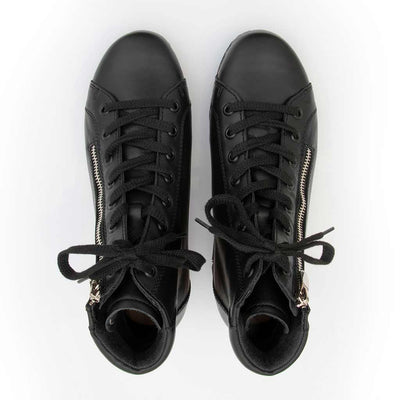 [Schwarz] Roxy Damen Clog Sneaker mit hohem schaft und biegsamer nachhaltiger holzsohle, farbe: schwarz (glattleder), holzclogs woody, woody schuhe, woody shoes, handgemachte holzschuhe aus österreich, kärnten