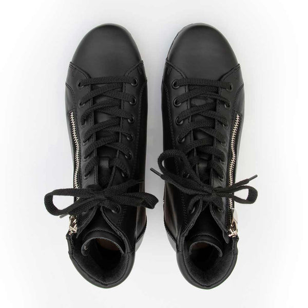 [Schwarz] Roxy Damen Clog Sneaker mit hohem schaft und biegsamer nachhaltiger holzsohle, farbe: schwarz (glattleder), holzclogs woody, woody schuhe, woody shoes, handgemachte holzschuhe aus österreich, kärnten
