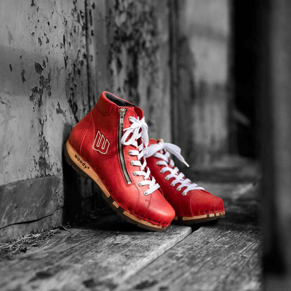 [Rosso] Roxy Damen Clog Sneaker mit hohem schaft und biegsamer nachhaltiger holzsohle, farbe: rosso (rot), holzclogs woody, woody schuhe, woody shoes, handgemachte holzschuhe aus österreich, kärnten
