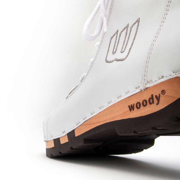 [Weiss] Roxy Damen Clog Sneaker mit hohem schaft und biegsamer nachhaltiger holzsohle, farbe: weiss (glattleder), holzclogs woody, woody schuhe, woody shoes, handgemachte holzschuhe aus österreich, kärnten