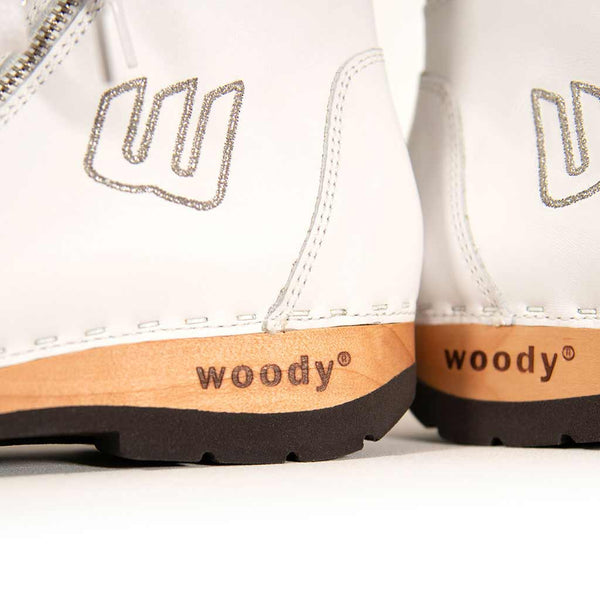 [Weiss] Roxy Damen Clog Sneaker mit hohem schaft und biegsamer nachhaltiger holzsohle, farbe: weiss (glattleder), holzclogs woody, woody schuhe, woody shoes, handgemachte holzschuhe aus österreich, kärnten