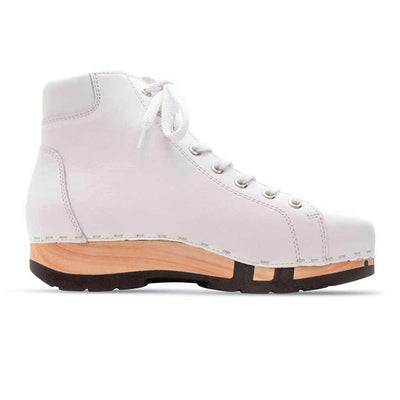 [Weiss] Roxy Damen Clog Sneaker mit hohem schaft und biegsamer nachhaltiger holzsohle, farbe: weiss (glattleder), holzclogs woody, woody schuhe, woody shoes, handgemachte holzschuhe aus österreich, kärnten