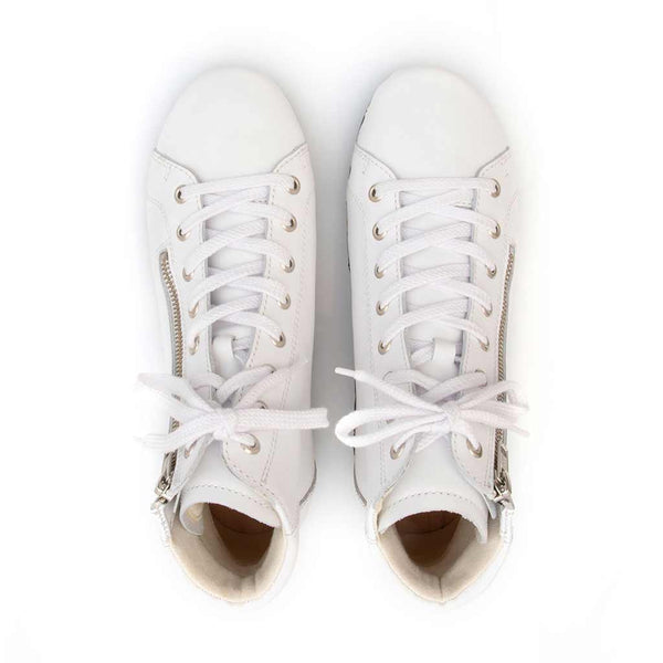 [Weiss] Roxy Damen Clog Sneaker mit hohem schaft und biegsamer nachhaltiger holzsohle, farbe: weiss (glattleder), holzclogs woody, woody schuhe, woody shoes, handgemachte holzschuhe aus österreich, kärnten