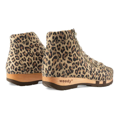 [Wildcat] Roxy Damen Clog Sneaker mit hohem schaft und biegsamer nachhaltiger holzsohle, farbe: wildcat (leopard print), holzclogs woody, woody schuhe, woody shoes, handgemachte holzschuhe aus österreich, kärnten