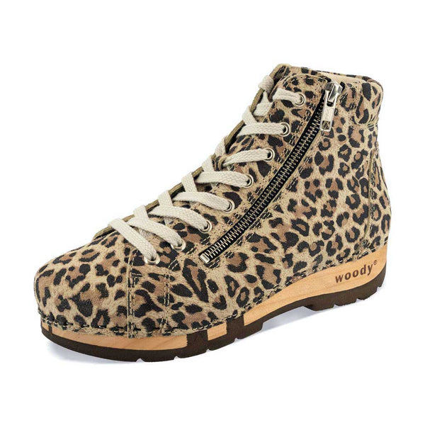 [Wildcat] Roxy Damen Clog Sneaker mit hohem schaft und biegsamer nachhaltiger holzsohle, farbe: wildcat (leopard print), holzclogs woody, woody schuhe, woody shoes, handgemachte holzschuhe aus österreich, kärnten