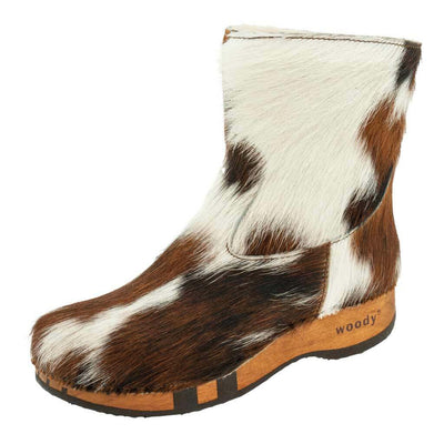 [Natur Fell] Sandra Damen Clog Stieflette mit biegsamer nachhaltiger holzsohle, farbe: fell natur (tricolore), holzclogs woody, woody schuhe, woody shoes, handgemachte holzschuhe aus österreich, kärnten