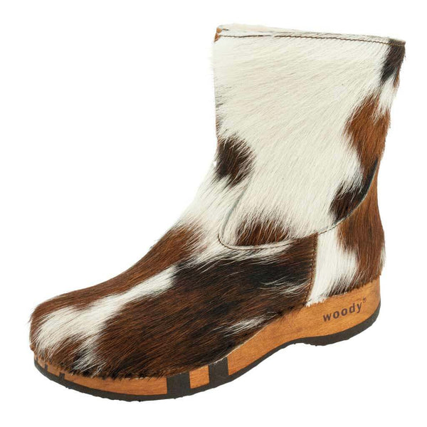 [Natur Fell] Sandra Damen Clog Stieflette mit biegsamer nachhaltiger holzsohle, farbe: fell natur (tricolore), holzclogs woody, woody schuhe, woody shoes, handgemachte holzschuhe aus österreich, kärnten