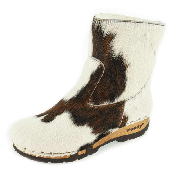 [Natur Fell] Sandra Damen Clog Stieflette mit biegsamer nachhaltiger holzsohle, farbe: fell natur (tricolore), holzclogs woody, woody schuhe, woody shoes, handgemachte holzschuhe aus österreich, kärnten
