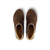 woody Tanja Damen-Clog-Stiefelette in Chocolate, Schraegansicht mit Lederriemen - handgefertigt in Oesterreich